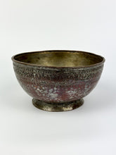 Load image into Gallery viewer, Antique Tin Washed, Hammered Copper Bowl - Engraved Middle Eastern Dish
