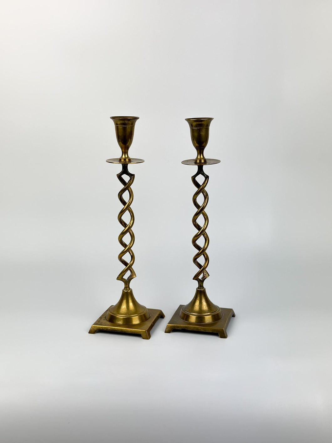 Pair of Vintage Brass Barley Twist Candle Holders - Spiral Taper Holders