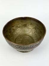 Load image into Gallery viewer, Antique Tin Washed, Hammered Copper Bowl - Engraved Middle Eastern Dish
