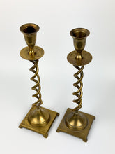 Load image into Gallery viewer, Pair of Vintage Brass Barley Twist Candle Holders - Spiral Taper Holders
